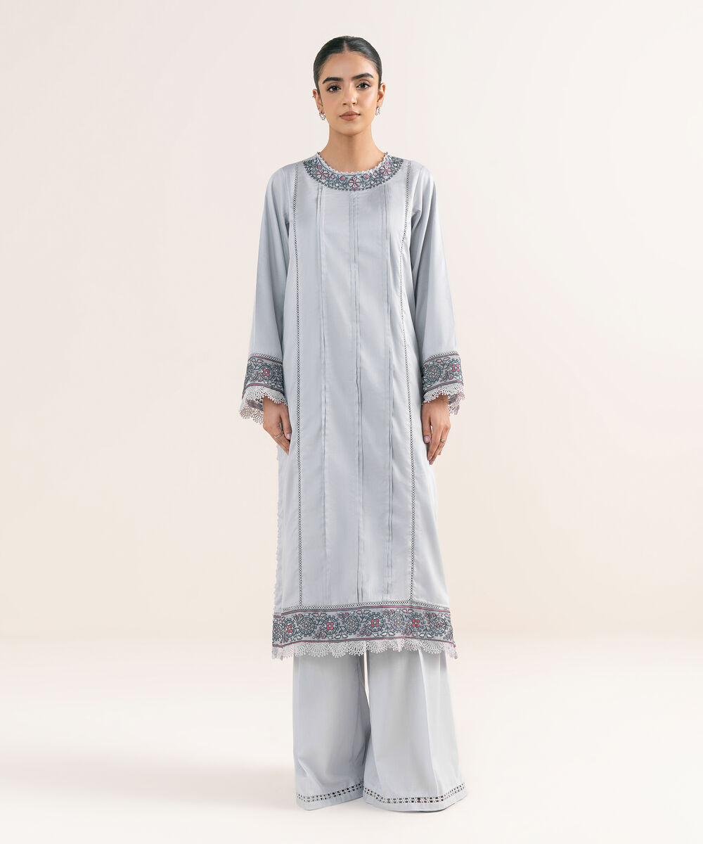 Women's RTW Cotton Satin Lilac Embroidered A-Line Shirt