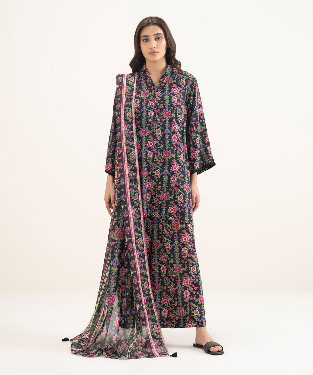 Women's RTW Arabic Lawn Printed Black Straight Shirt