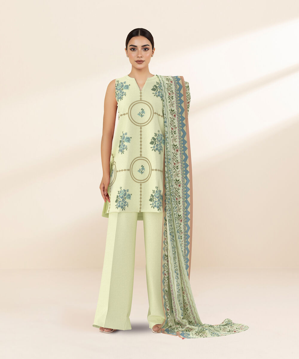 Women's Unstitched Self Jacquard Cream Embroidered 3 Piece Suit
