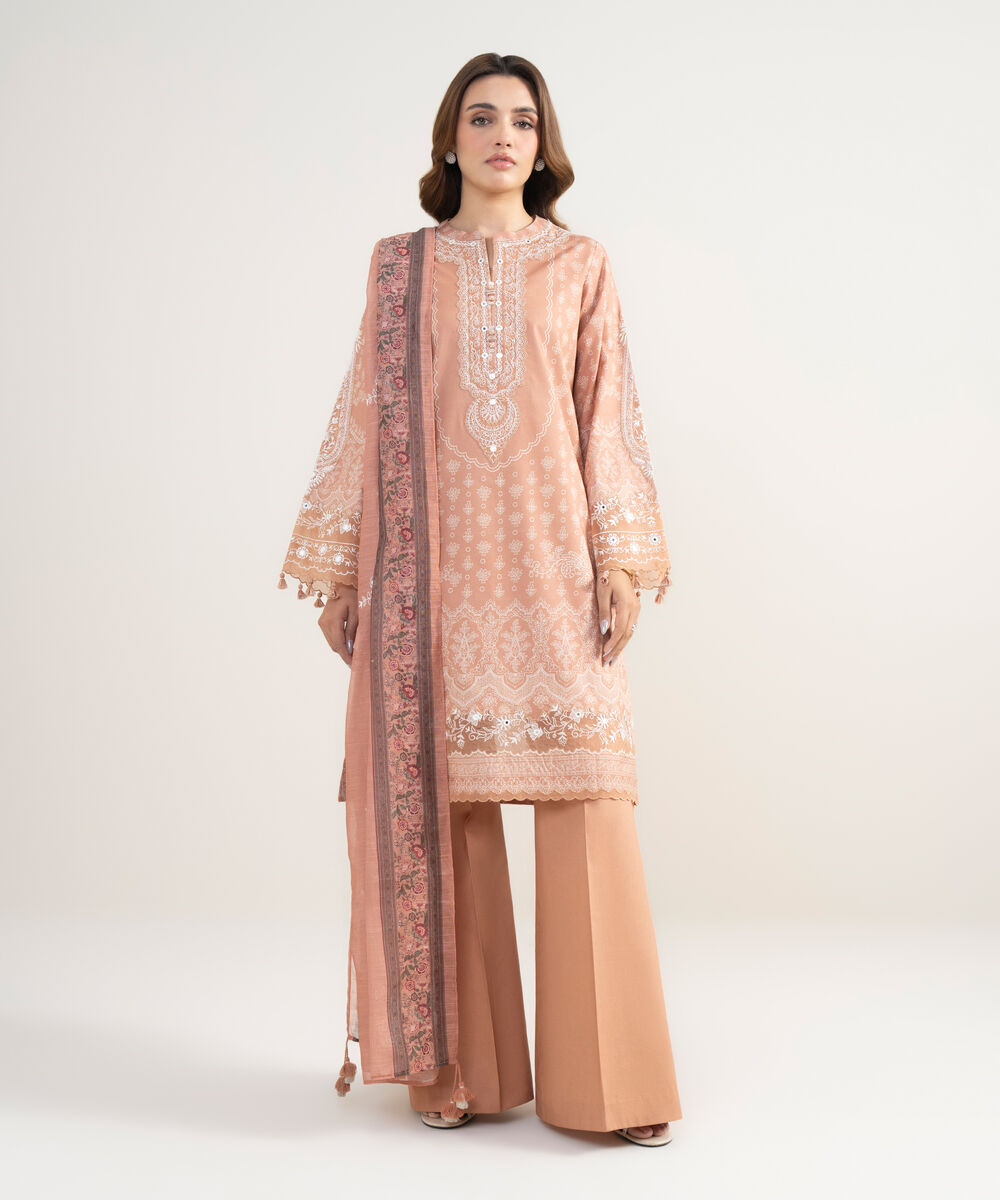 Women's Unstitched Lawn Embroidered Pink 3 Piece Suit