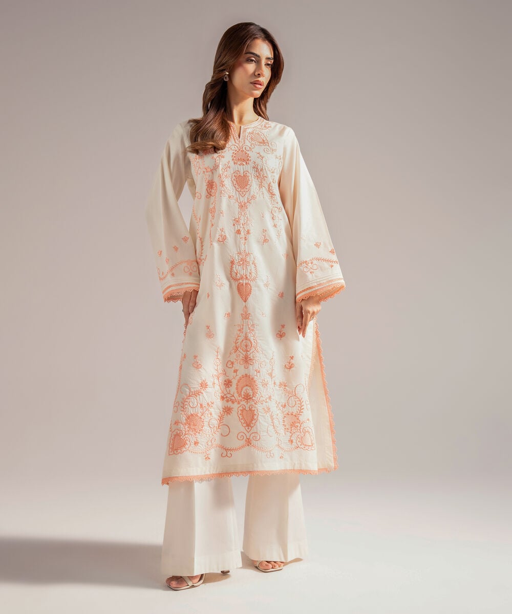 Women's RTW Zari Lawn Embroidered A-Line Off White Shirt