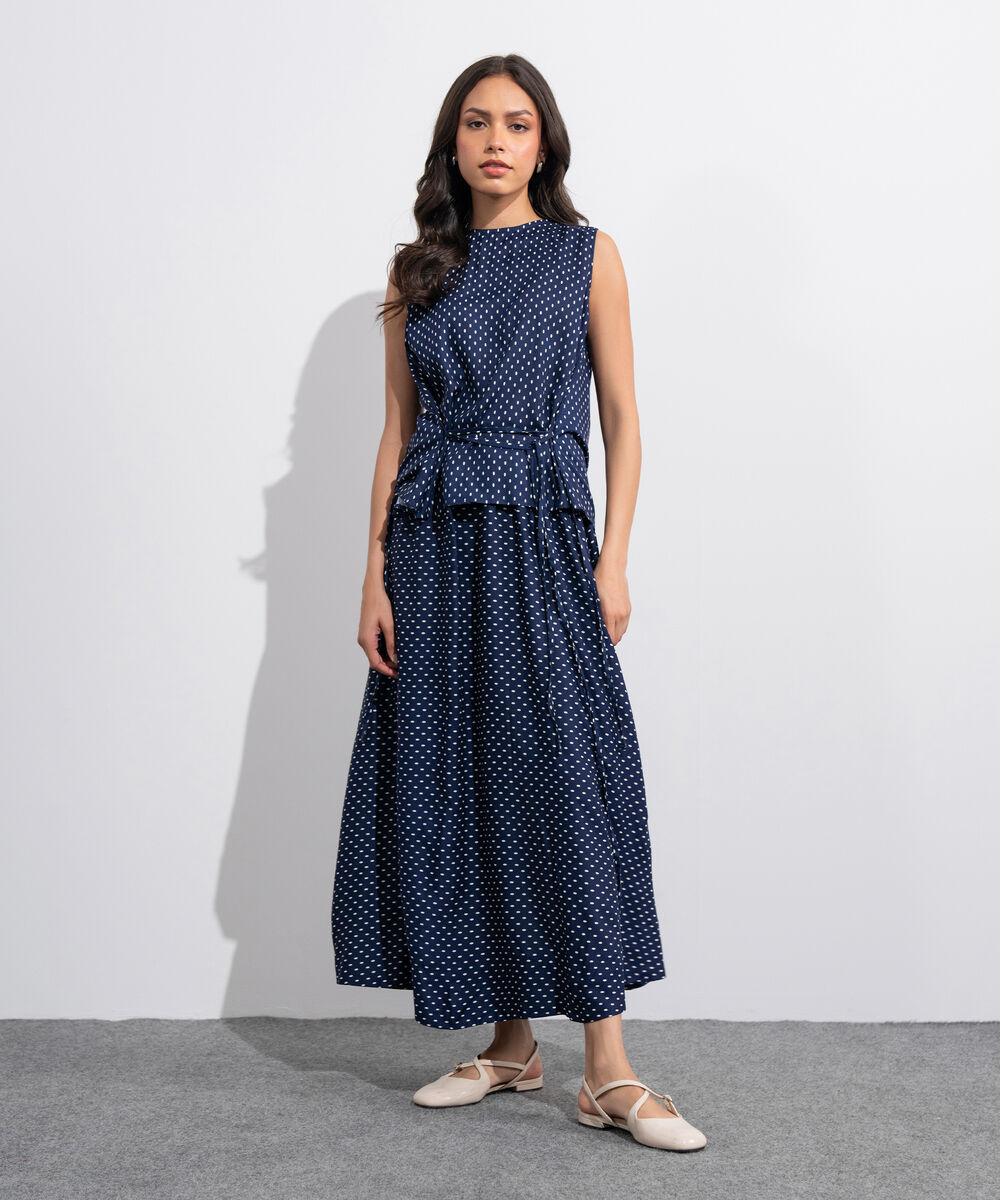 Women's Western Blue And  White Polka Dots Sleeveless Top