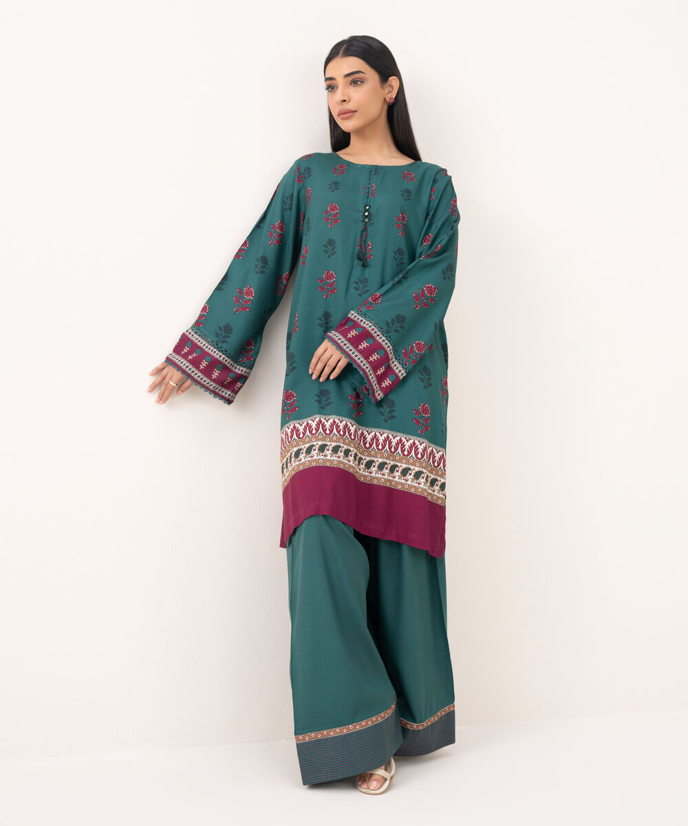 Women's RTW Linen Viscose Printed Green Straight Shirt