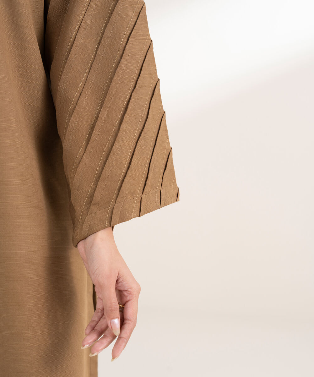 Women's RTW Khaddar Solid Straight Beige Shirt