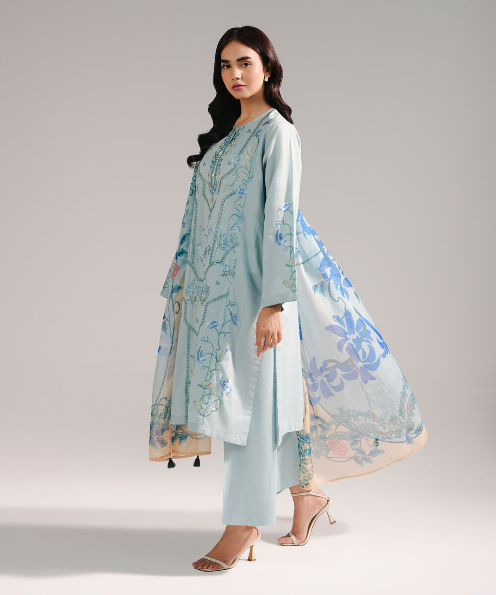Women's RTW Zari Lawn Embroidered Light Blue 3 Piece Suit