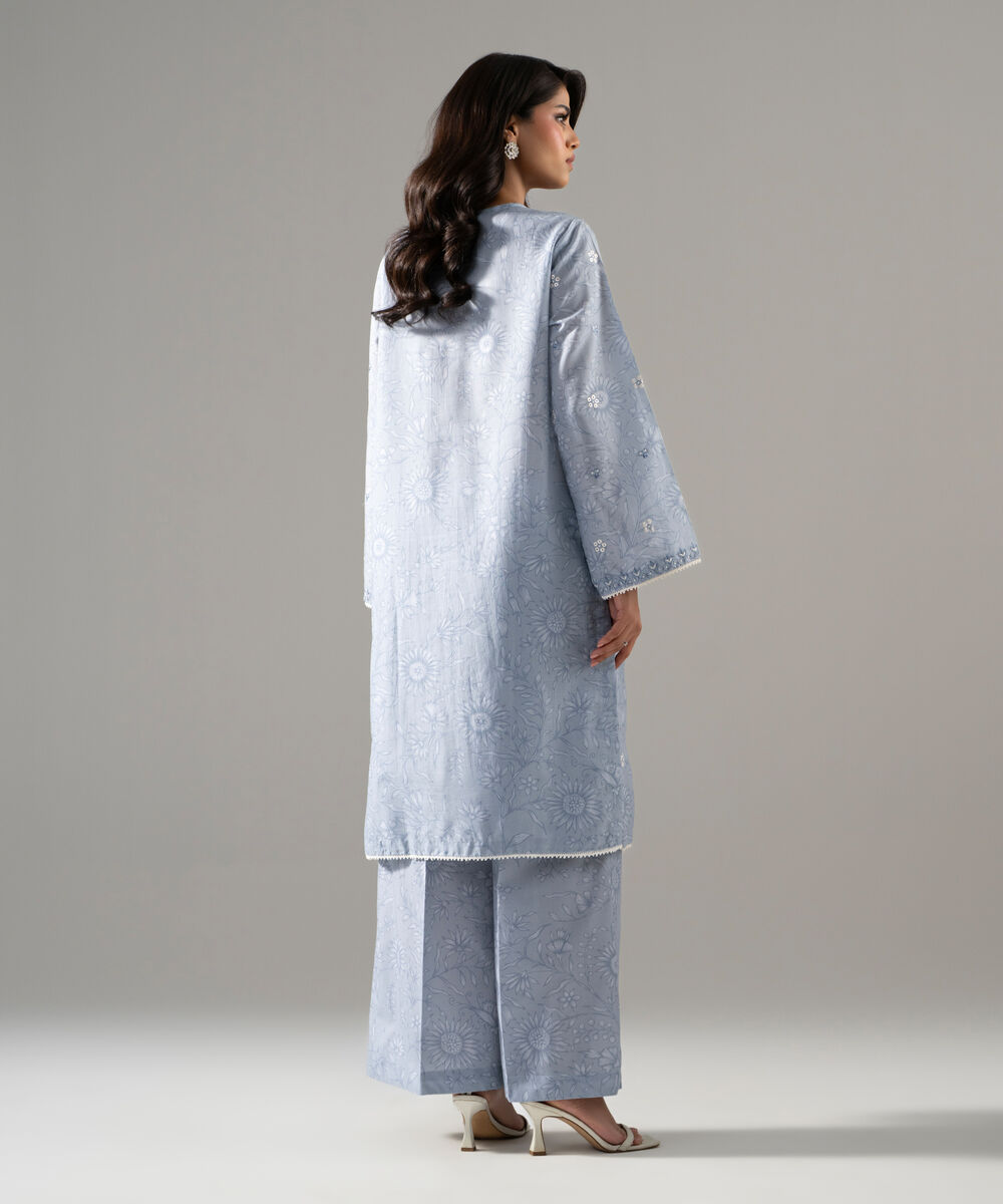 Women's RTW Fancy Cotton Printed Embroidered Blue 2 Piece Suit