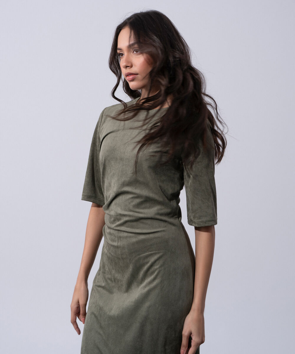 Women's Western Wear Green Polyester Pleated Faux Suede Long Dress