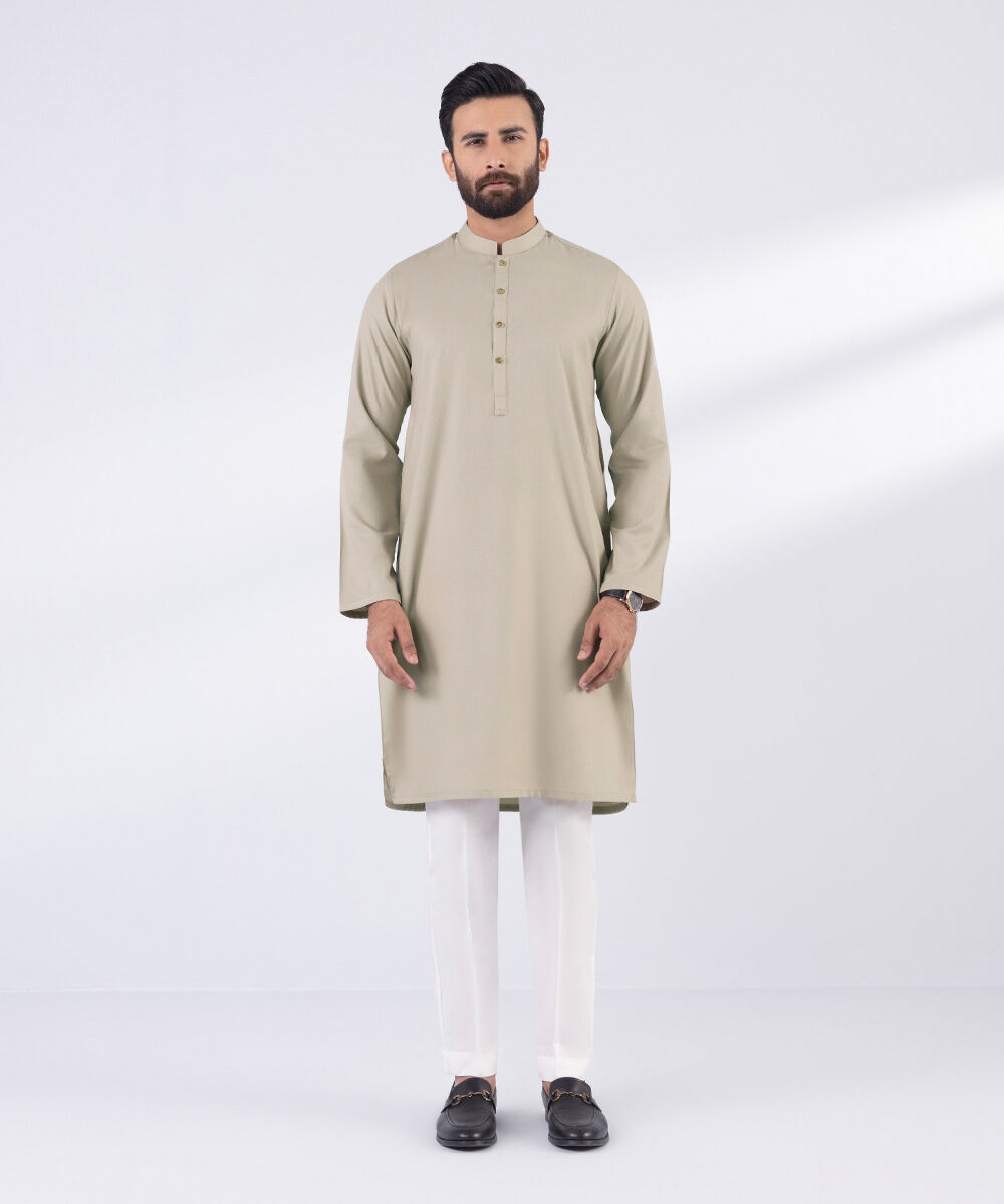 Men's Blended Stitched Plain Beige Kurta