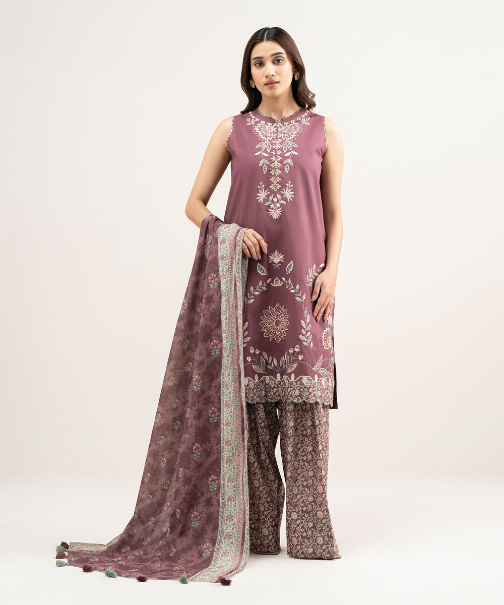 Women's Unstitched Textured Lawn Embroidered Pink 3 Piece Suit