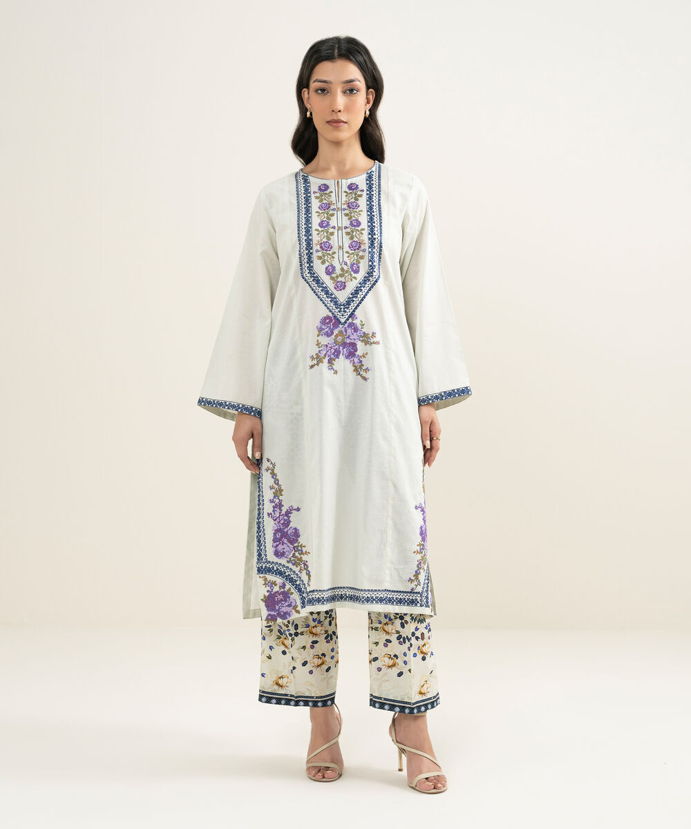 Women's RTW Dobby Embroidered Mint Green A-Line Shirt