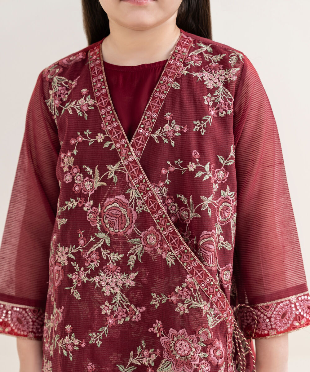 Girl's Blended Textured Karandi Embroidered Red 2 Piece Suit