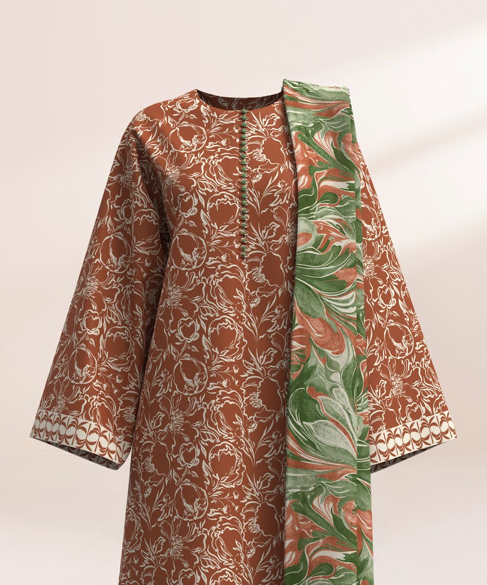 Women's Three Piece Printed Blue and Grey Lawn Suit