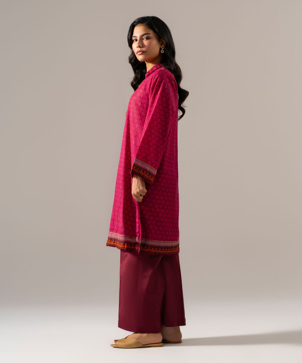 Women's RTW Khaddar Printed Pink Straight Shirt