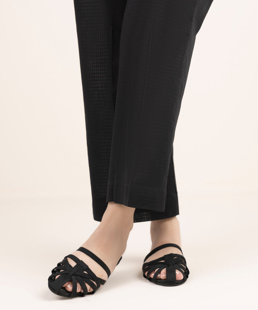 Women's RTW Textured Cotton Solid Black Straight Pants