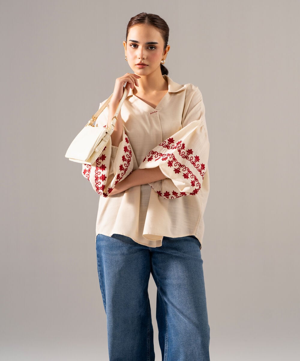 Women's RTW Khaddar Solid Embroidered Off White Straight Shirt