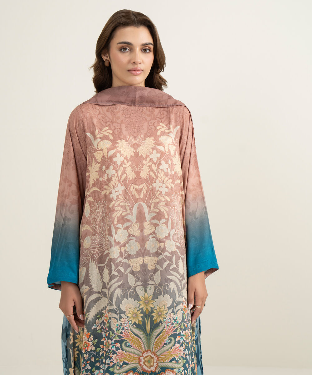 Women's RTW Viscose Raw Silk Printed Teal 3 Piece Suit