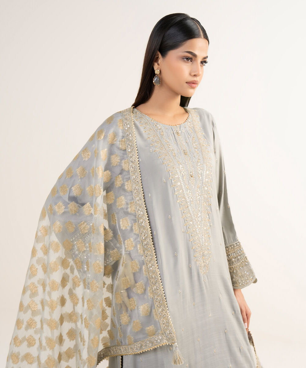 Women's RTW Viscose Raw Silk Grey Embroidered 3 Piece Suit