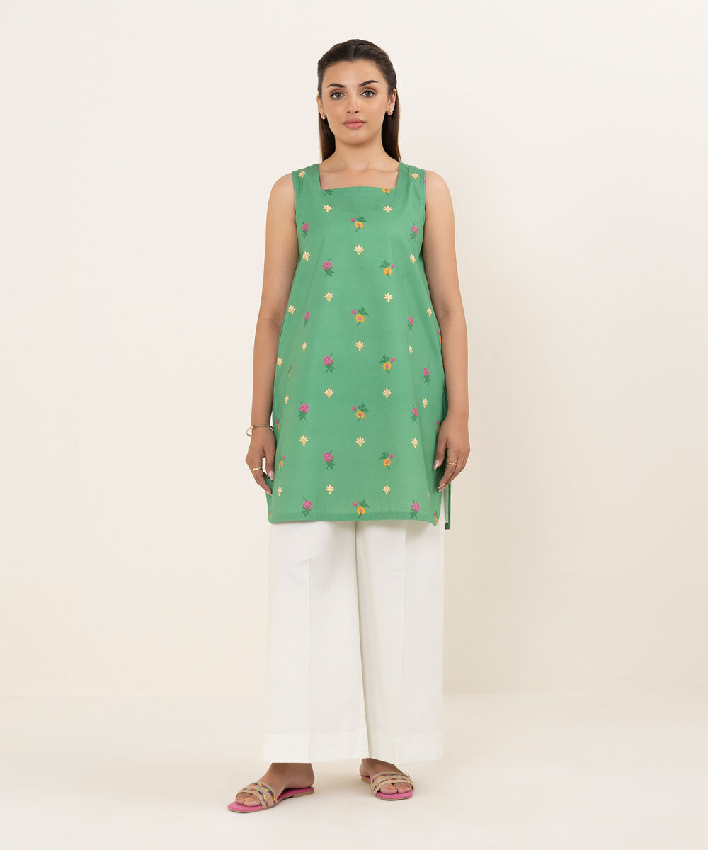 Women's Unstitched Cotton Printed Green Shirt