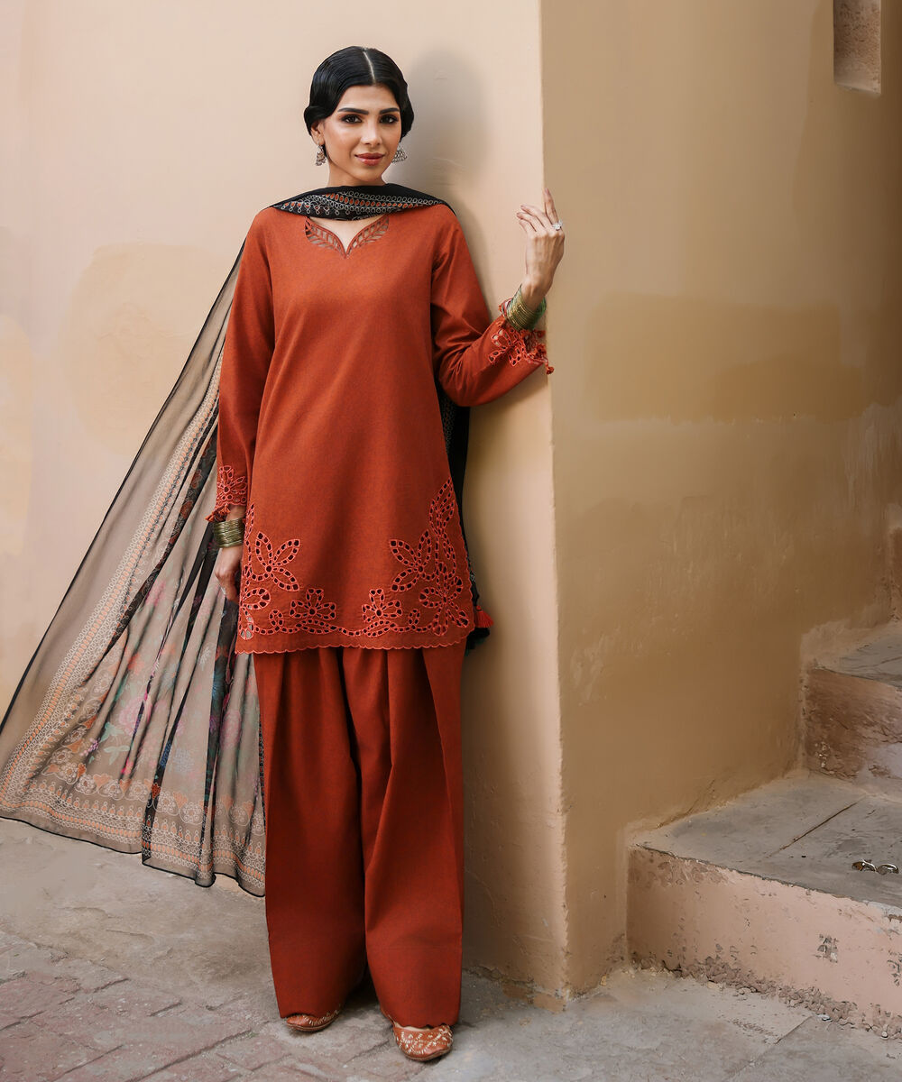 Women's Unstitched Lawn Embroidered Orange 3 Piece Suit