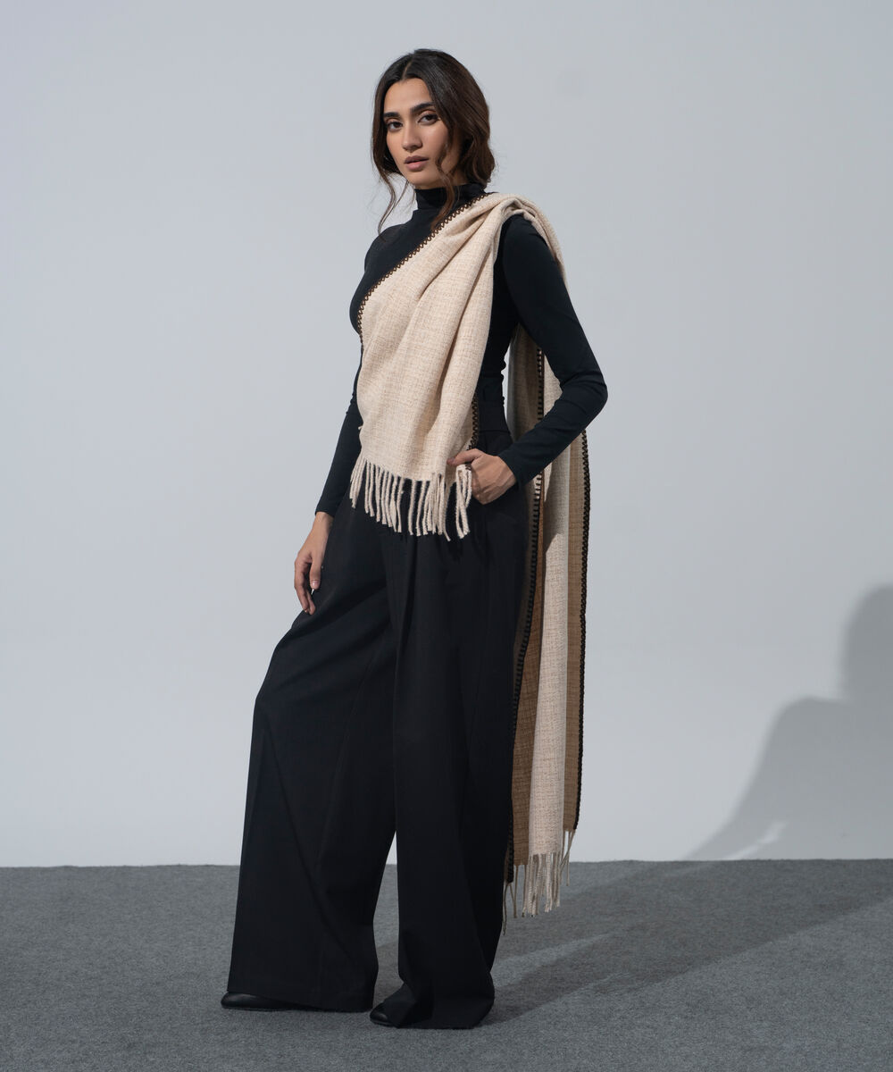 Women's Western Wear Ecru Polyester Textured Woolen Scarf