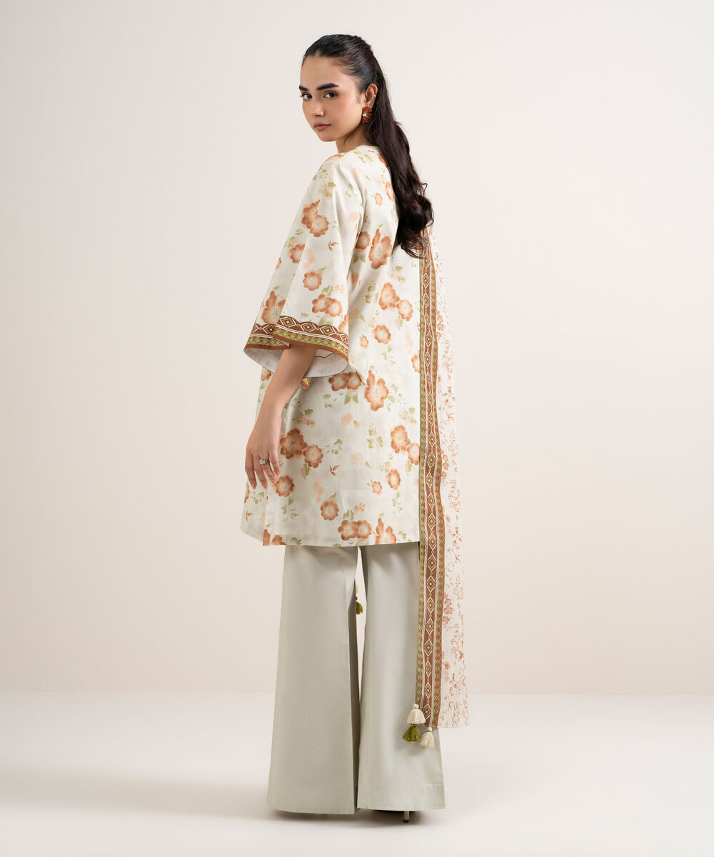 Women's Unstitched Lawn Embroidered Beige 3 Piece Suit