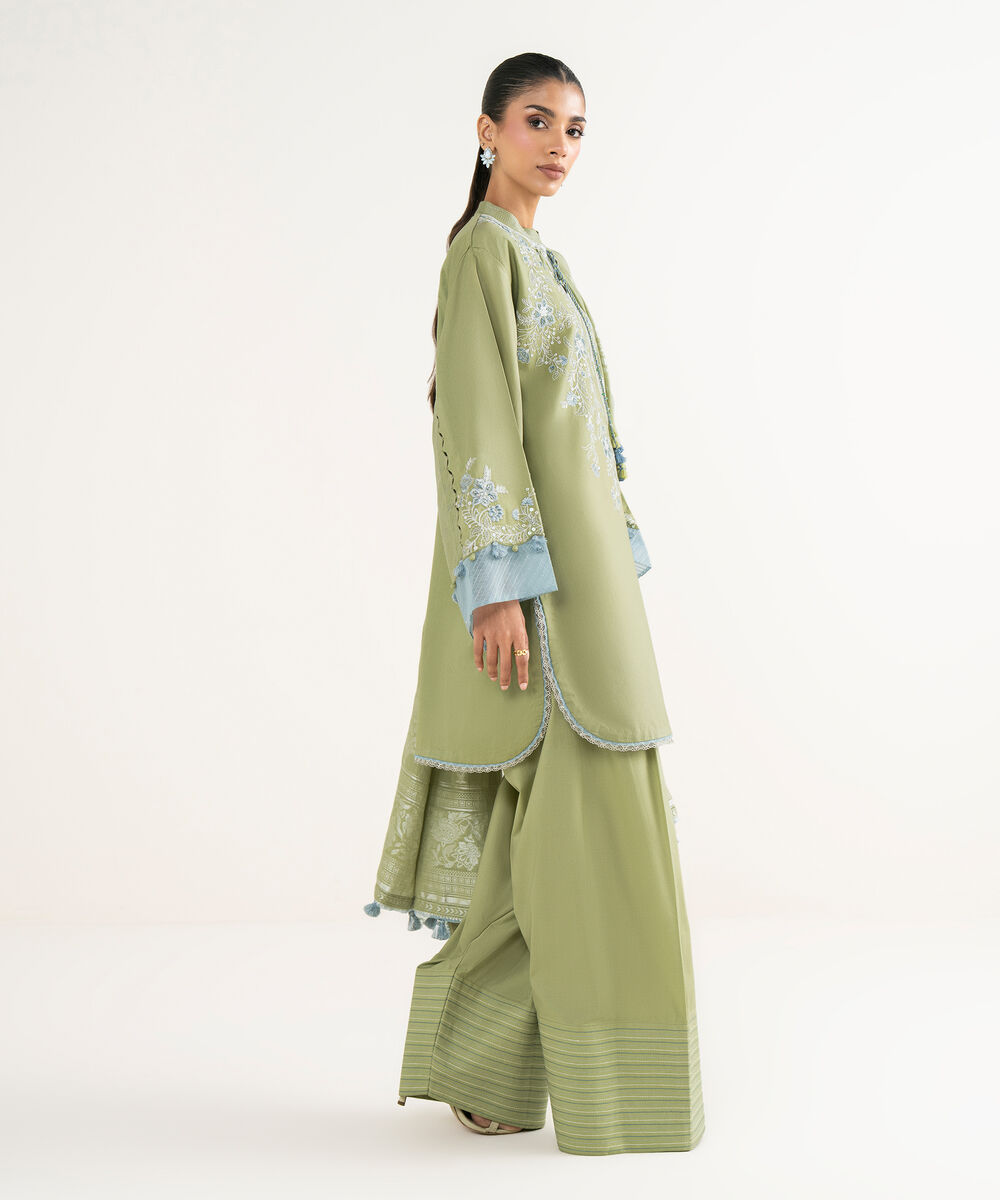 Women's Unstitched Fine Cotton Satin Embroidered Green 3 Piece Suit