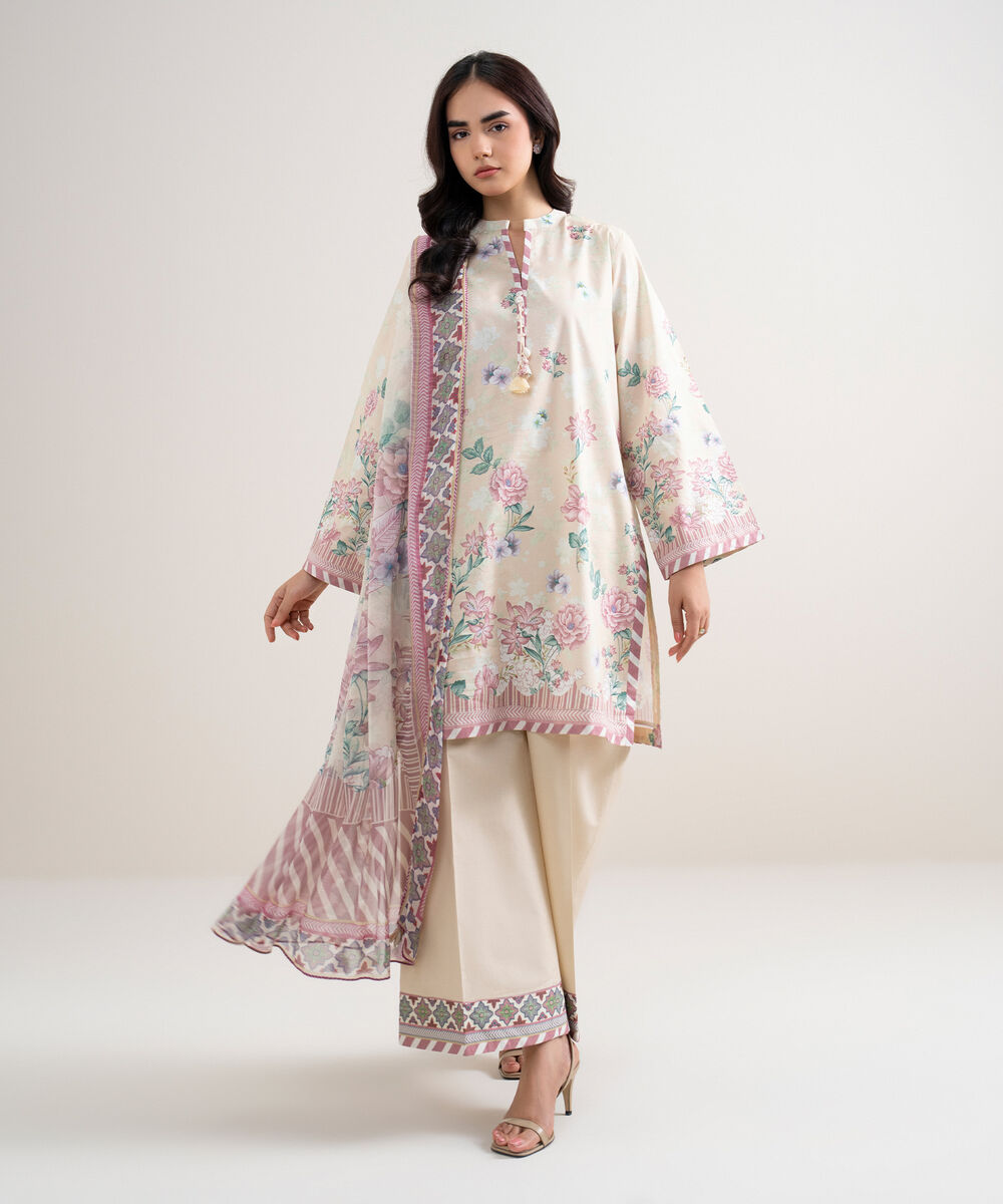 Women's Unstitched Lawn Printed Off White 3 Piece Suit