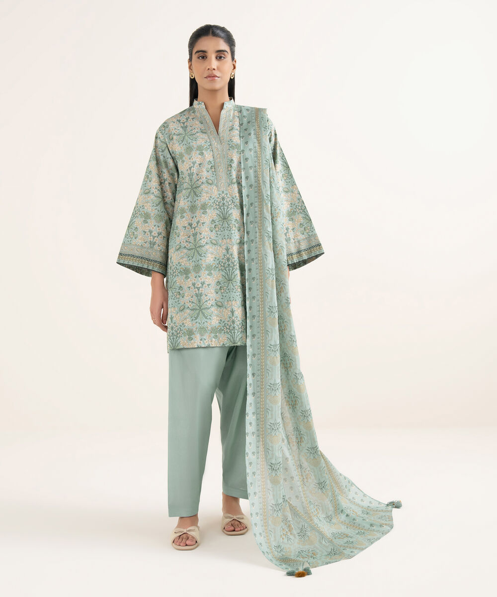 Women's Unstitched Cotton Printed Blue 3 Piece Suit