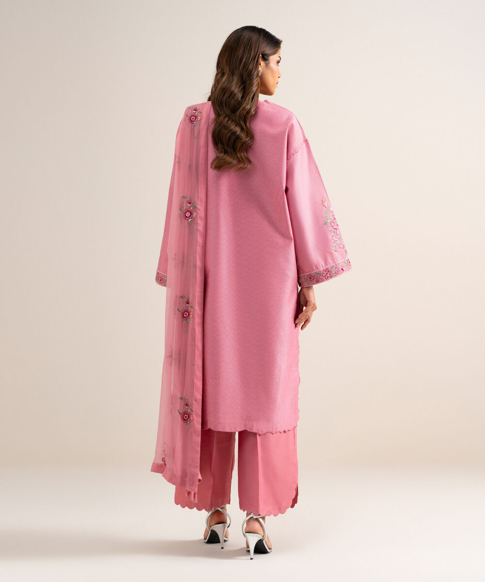 Women's Unstitched Cotton Net Embroidered Pink 3 Piece Suit