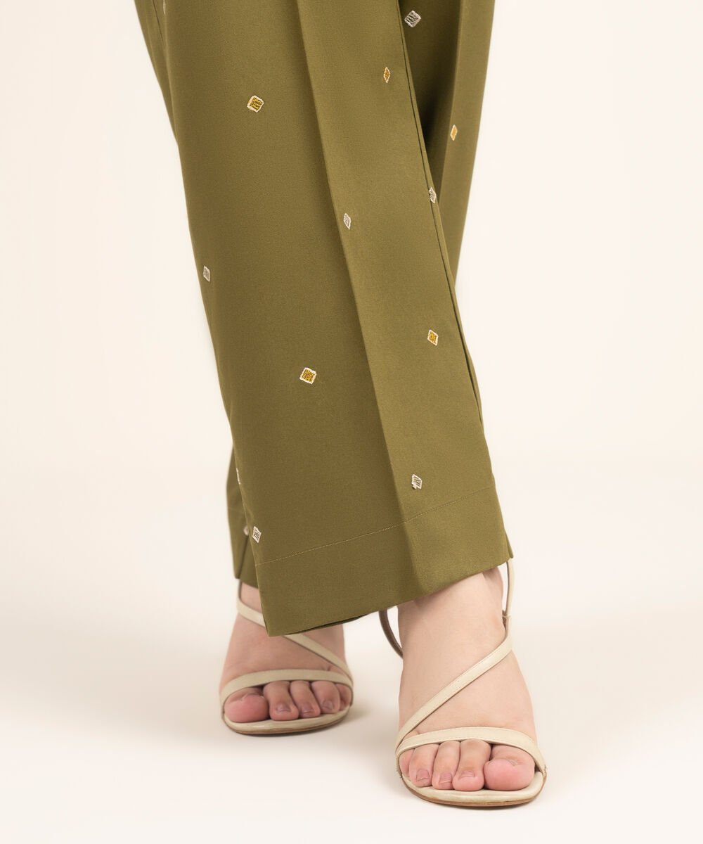 Women's RTW Viscose Marina Embroidered Olive Green Straight Pants