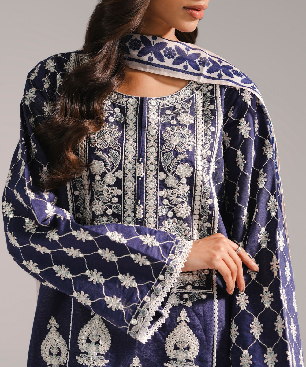 Women's RTW Fancy Cotton Embroidered Dark Blue 3 Piece Suit