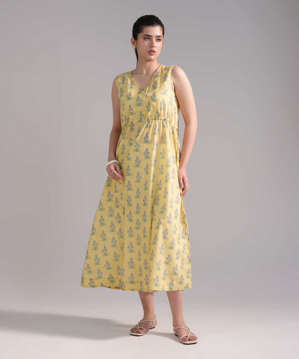 Women's RTW Slub Lawn Printed Yellow Dress Shirt