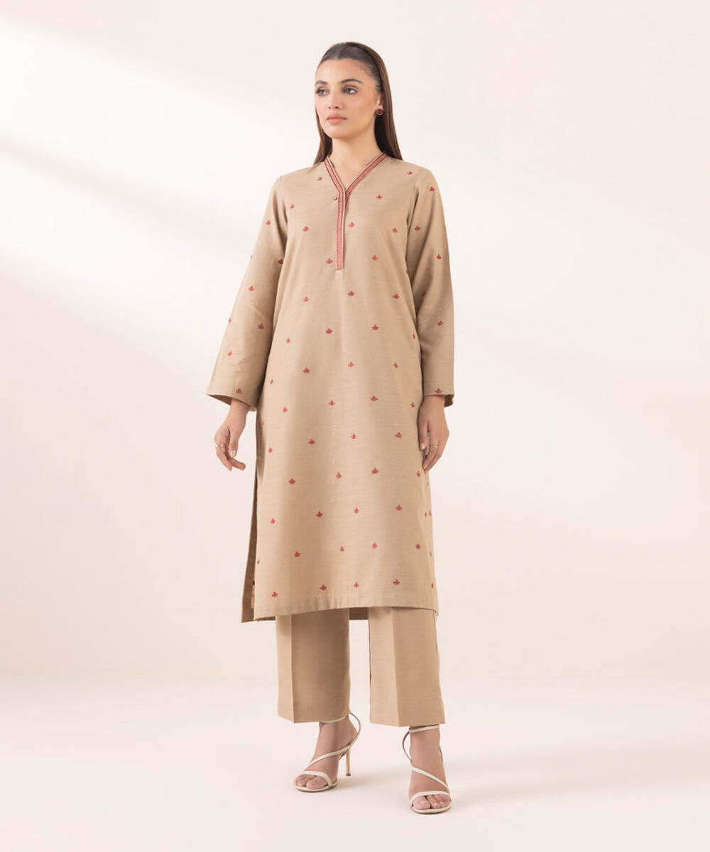 Women's Pret Solid Embroidered Tan Khaddar A Line Shirt