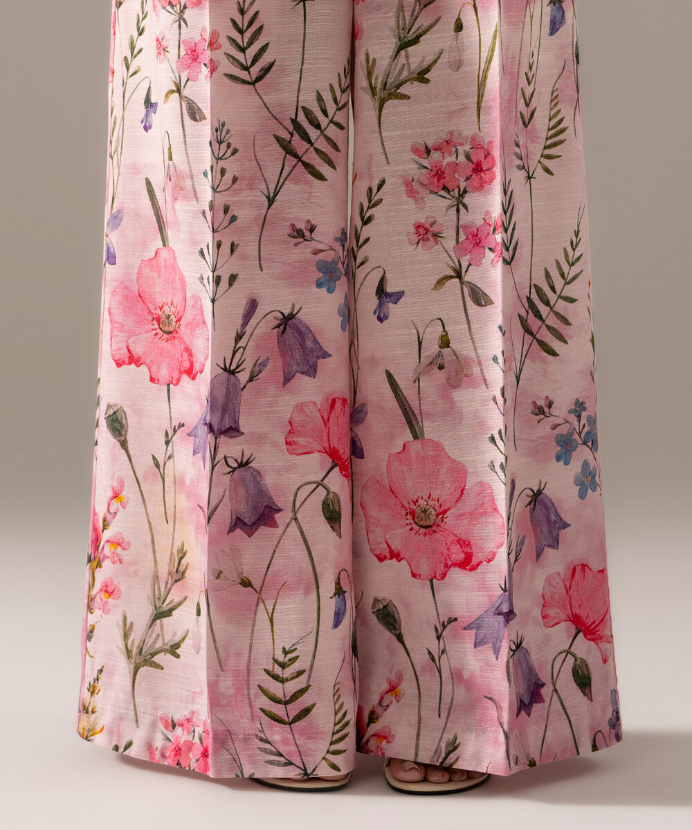 Women's RTW Khaddar Printed Pink Flared Pants