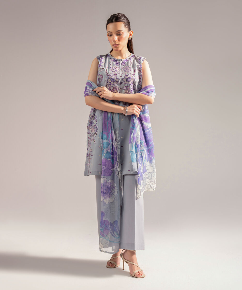 Women's RTW Cambric Embroidered Grey 3 Piece Suit