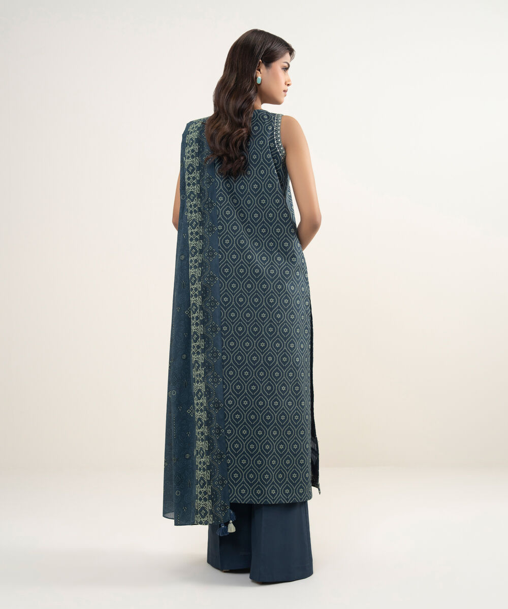 Women's Unstitched Lawn Embroidered Blue 3 Piece Suit