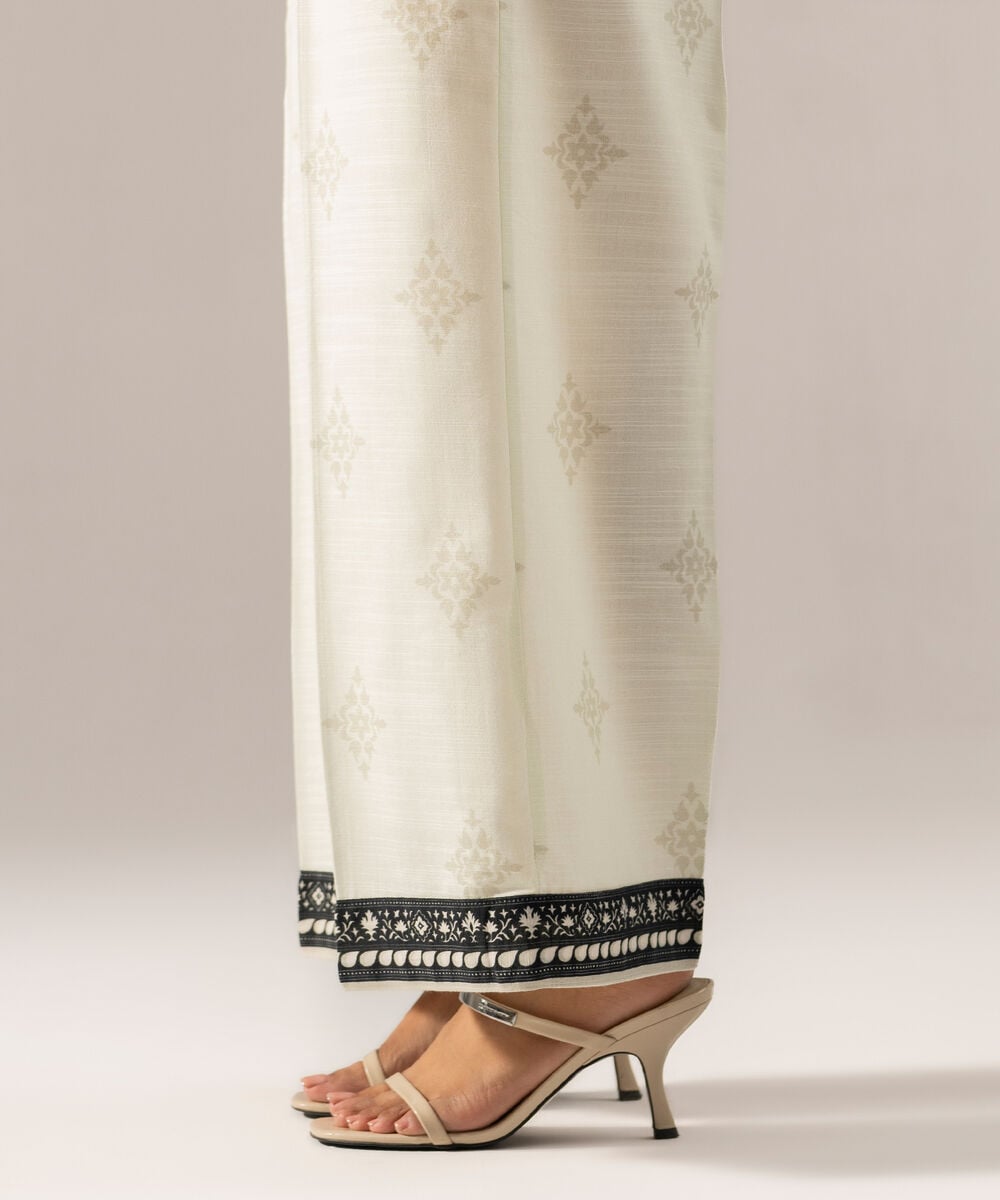Women's RTW Printed White Khaddar Flared Pants