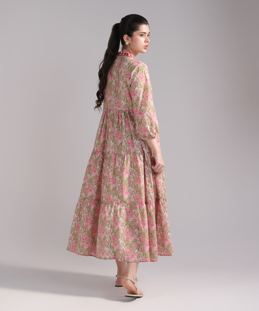 Women's RTW Slub Lawn Printed Pink Dress Shirt