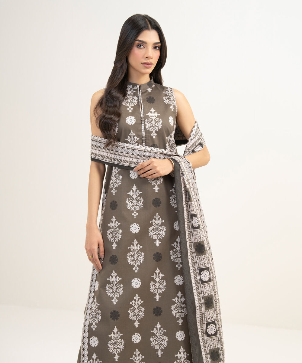 Women's Unstitched Lawn Printed Brown 3 Piece Suit