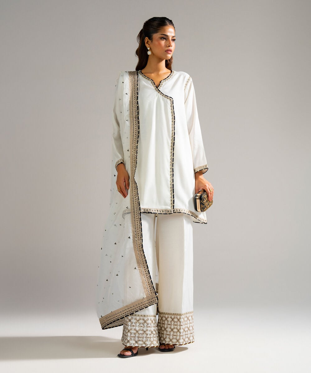 Women's RTW Raw Silk Embroidered White 3 Piece Suit