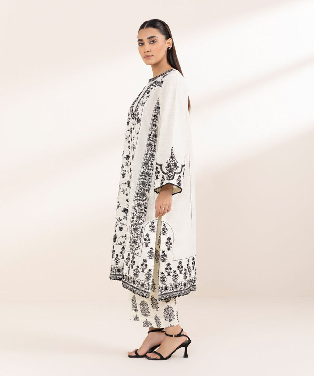 Women's Pret Solid Embroidered Off White Zari Khaddar A Line Shirt