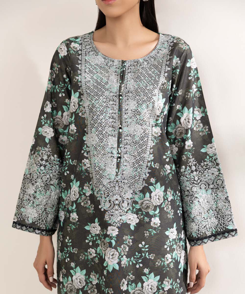 Women's RTW Zari Lawn Black Embroidered A-Line Shirt