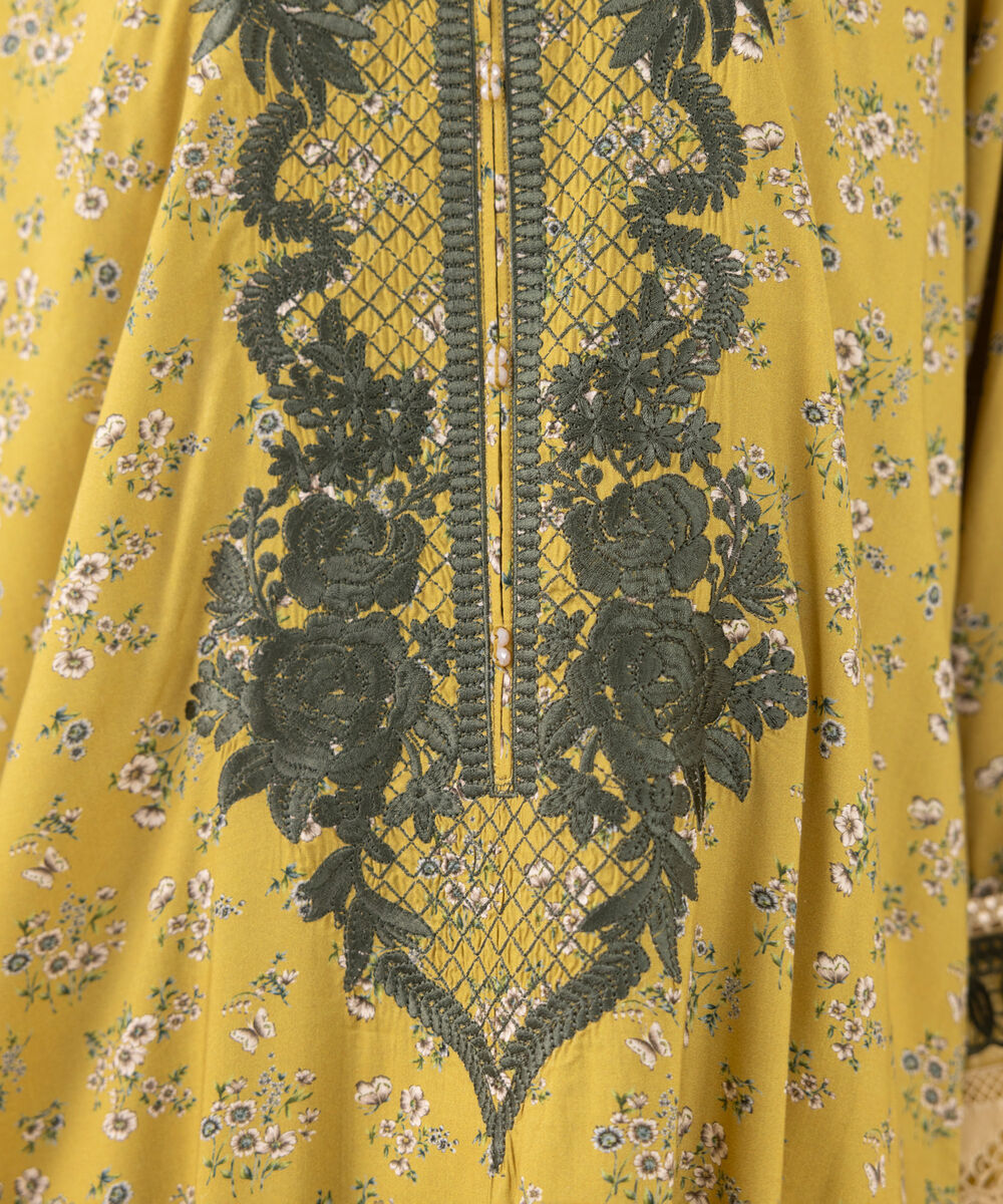Women's RTW Arabic Lawn Yellow Embroidered A-Line Shirt