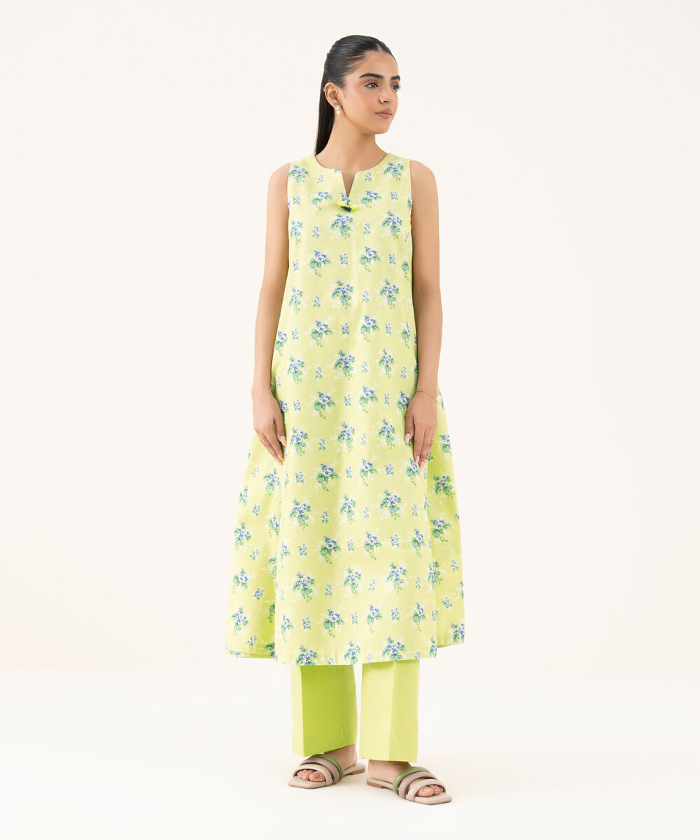 Women's Unstitched Cotton Printed Yellow Two Piece Suit