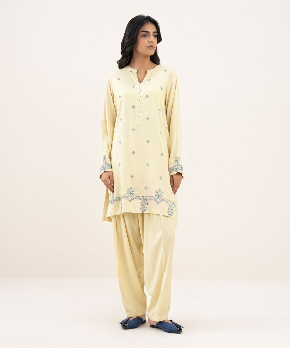 Women's RTW Khaddar Embroidered Straight Off White Shirt