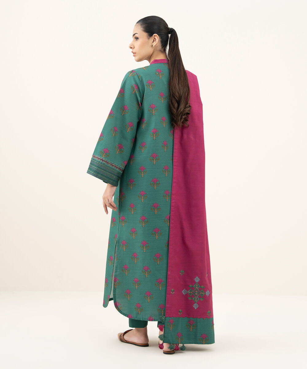 Women's Unstitched Printed Khaddar Teal Green 3 Piece Suit