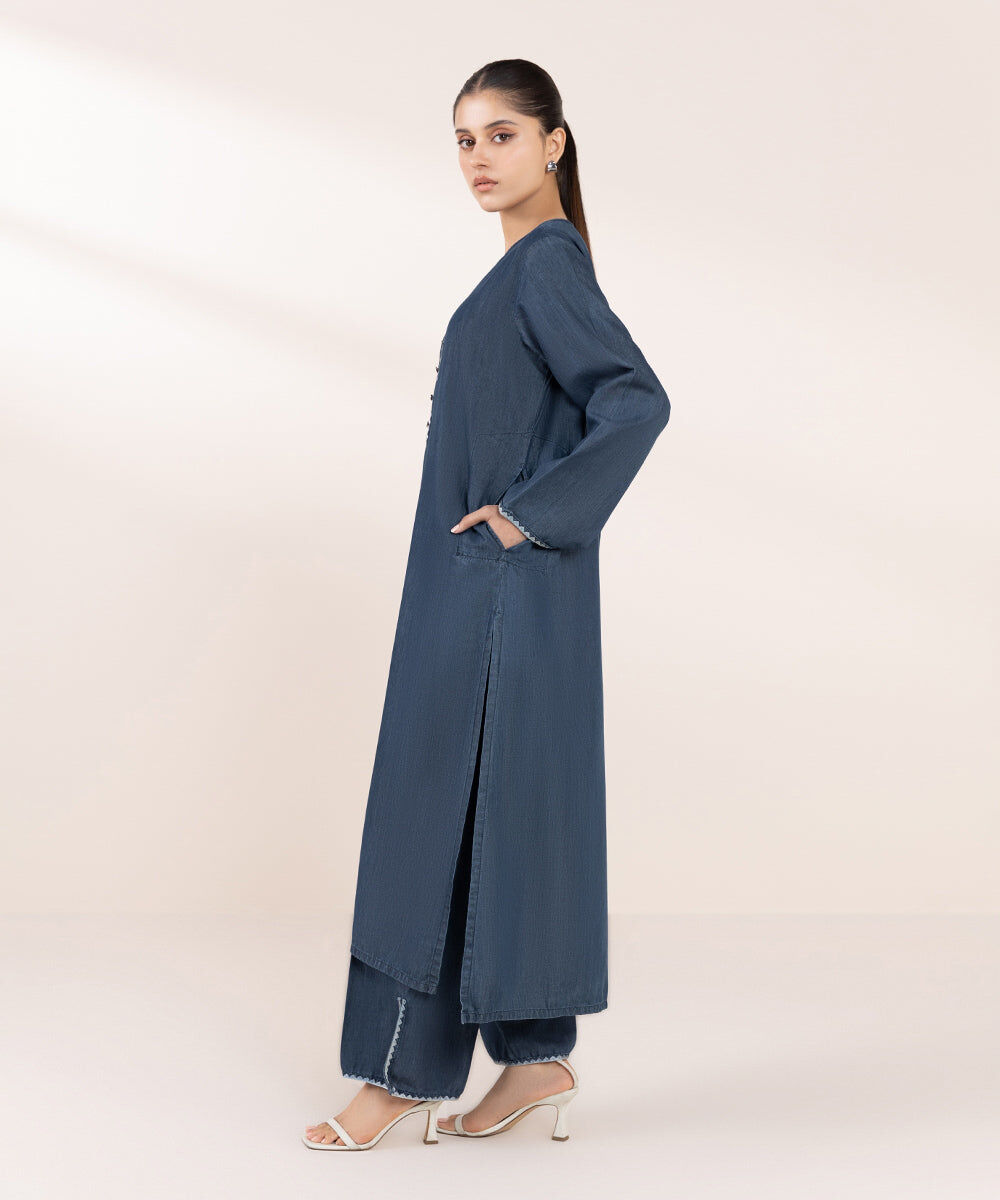 Women's Pret Denim Blue Embroidered Straight Shirt