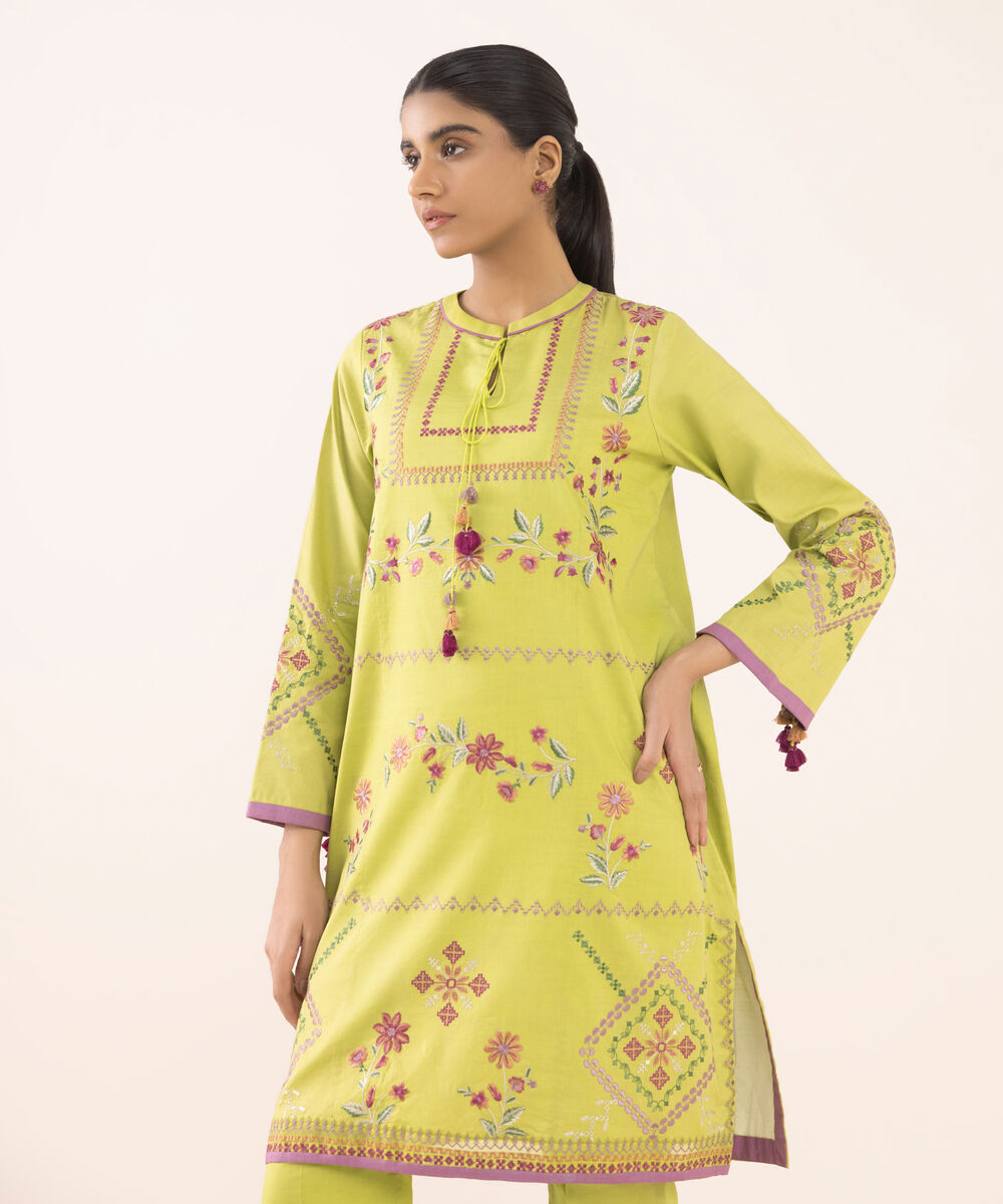 Women's Unstitched Cotton Embroidered Green Two Piece Suit