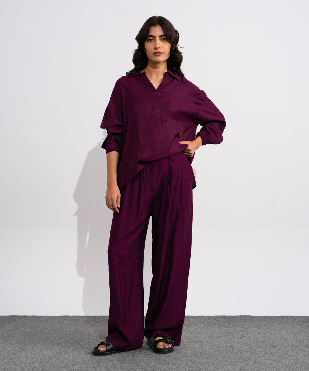 Women's Magenta Textured Pleated Trouser
