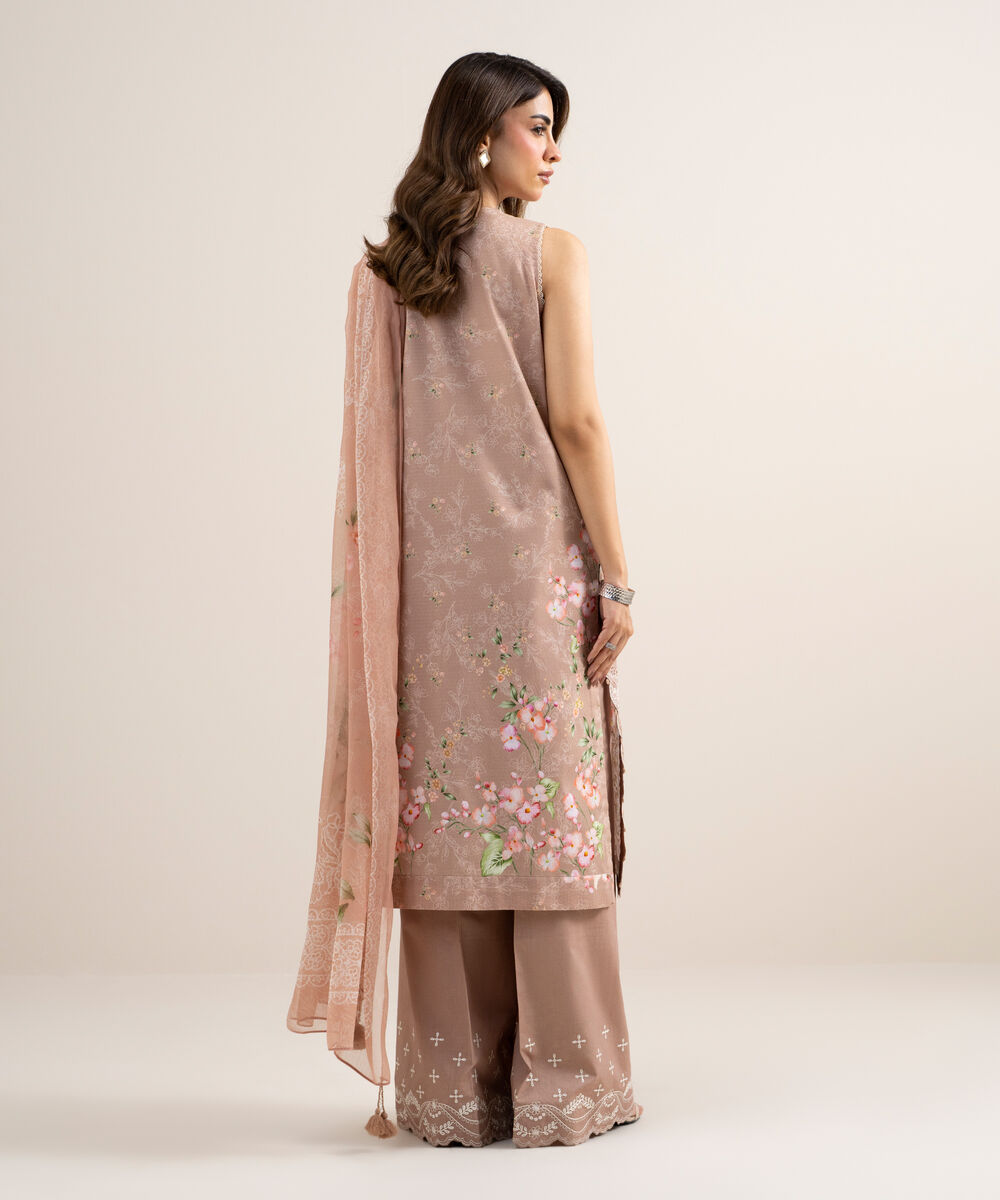 Women's Unstitched Dobby Embroidered Beige 3 Piece Suit